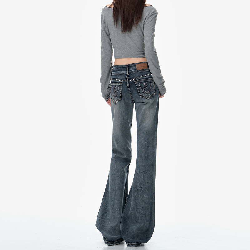 Blue-Gray Low-Waist Flared Jeans for Women, New Autumn Style, American-Style Embroidery, Rivets, Slim Fit, Straight-Leg Bell-Bottom Pants