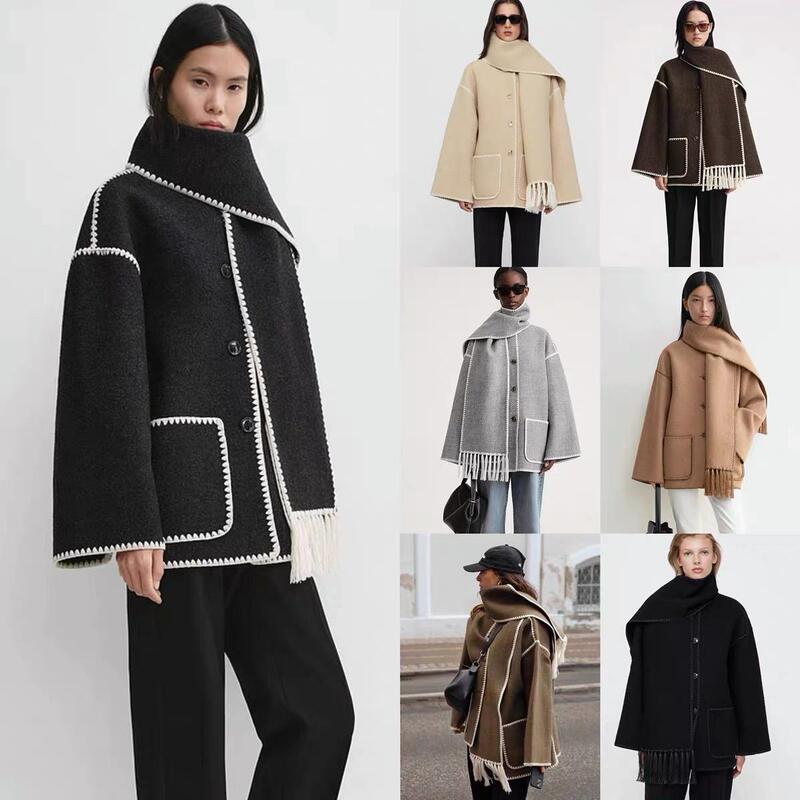 Special Clearance Sale: Fake Two-Piece Color-Blocked Fringed White-Edged Scarf Double-Sided Wool Coat