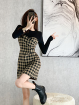 French retro plaid dress female temperament 2021 early autumn new waist slim a word senior sense skirt