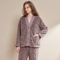 Womens winter pajamas coral velvet cardigan plus velvet thickened autumn and winter home clothing set flannel can be worn in two sets