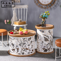 American retro old solid wood round coffee table carved hollow sofa corner table homestay creative side table