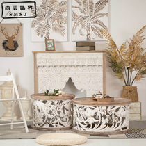 American retro solid wood old homestay round coffee table carved hollow sofa corner table hotel creative side table