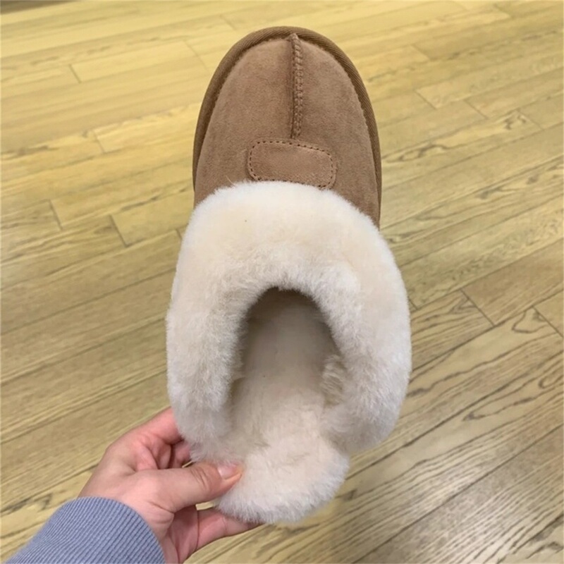 Sangpo Leather and Fur Integrated Star Slippers, Autumn Women's Flat Wool Slippers, Casual Slip-On Lazy Outdoor Wool Cotton Shoes