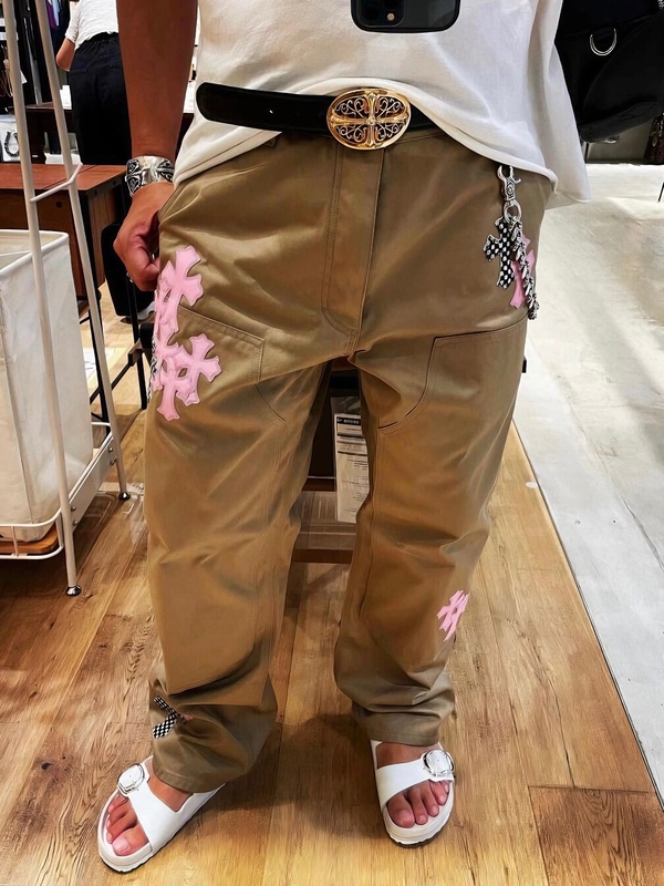 Self-Produced Limited Edition Rare Pink Leather-Trimmed Horsehair Checkerboard Silver Buckle Cross Loose Straight-Leg Lumberjack Work Pants