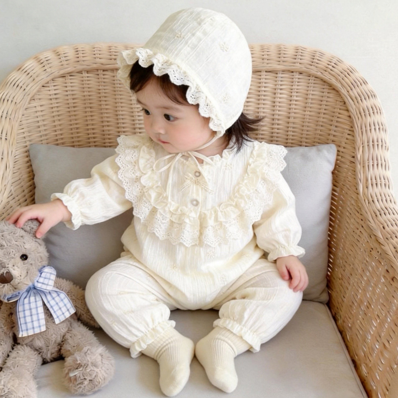 Korean-Style Cream Lace Baby Romper, Spring and Autumn Lace-Trimmed Long-Sleeve Baby Jumpsuit, Sweet Outing Crawling Outfit for Young Infants