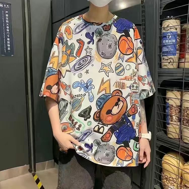 Teddy Bear Ice Silk Cool Short Sleeve T-Shirt for Men ins Trendy Plus Size Clothes Hip Hop Loose Hong Kong Style Half Sleeve