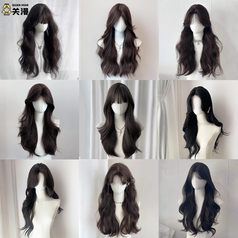 Wig for Women, Full Head Cover, Long Curly Synthetic Hair, Big Waves, Side Bangs, Water Wave Straight Hair, Lolita Style, Everyday Wear, Full Wig