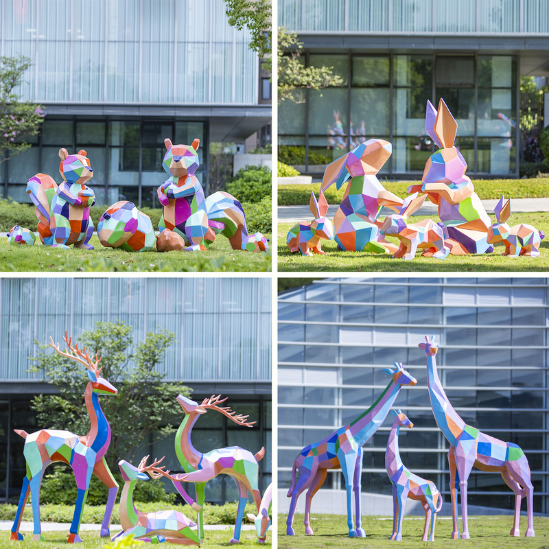 Outdoor Fiberglass Geometric Rabbit Colorful Sika Deer Sculpture Garden Landscape Community Decoration Squirrel Ornament