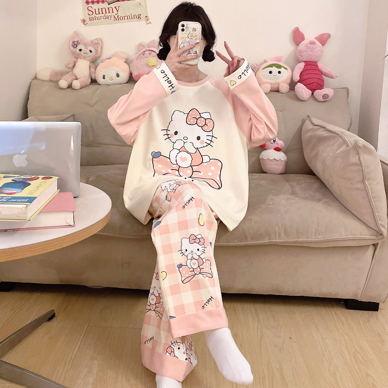 Hellokitty Cute Cartoon Pajamas for Girls, Spring and Autum Long-Sleeved Pure Cotton Thin Style Large Size Teenagers and Students Hellokitty Cute Cartoon Pajamas for Girls, Spring and Autum Long-Sleeved Pure Cotton Thin Style Large Size Teenagers and Students