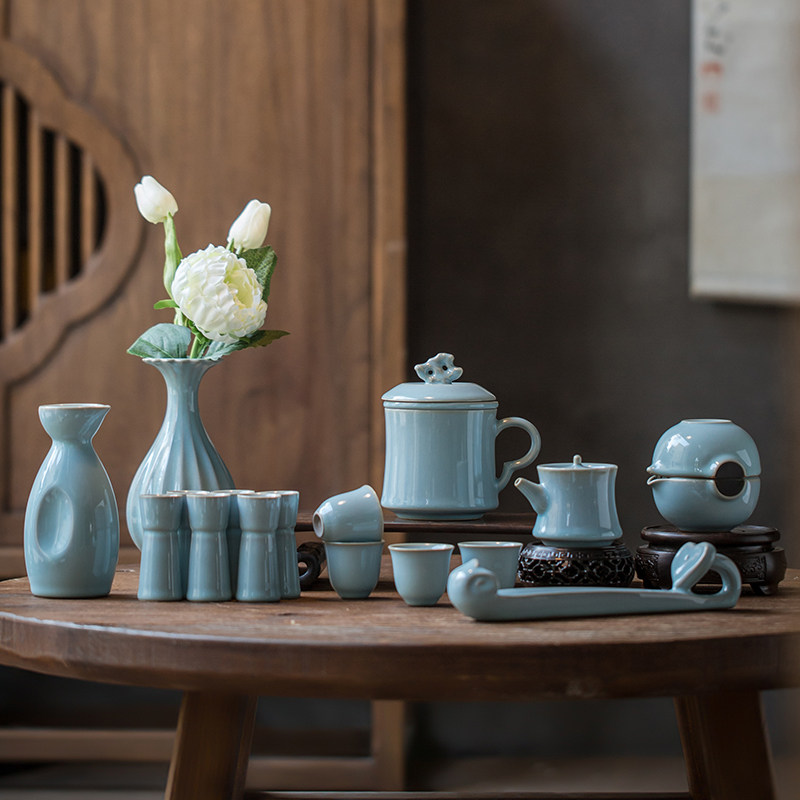 Rukiln Sky Blue Glaze Pure Handmade Wine Glass Wine Jug Wine set with small brute waist tea tea tea tea teapot teapot