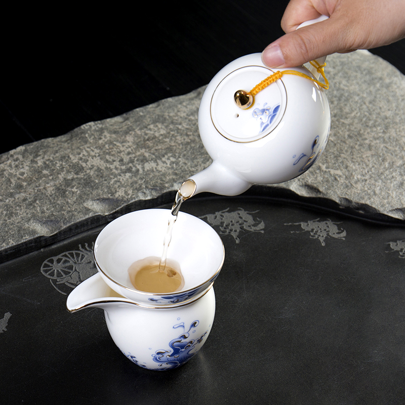 Ronkin dehua white porcelain tea kungfu tea set of household ceramic tea jade porcelain cups of a complete set of the teapot
