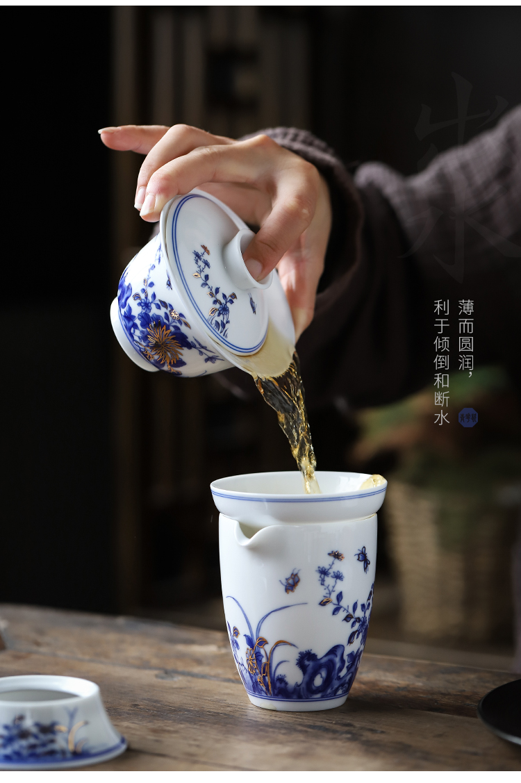 Ronkin hand - made household small set of blue and white porcelain cups tea tureen tea set kung fu tea kettle