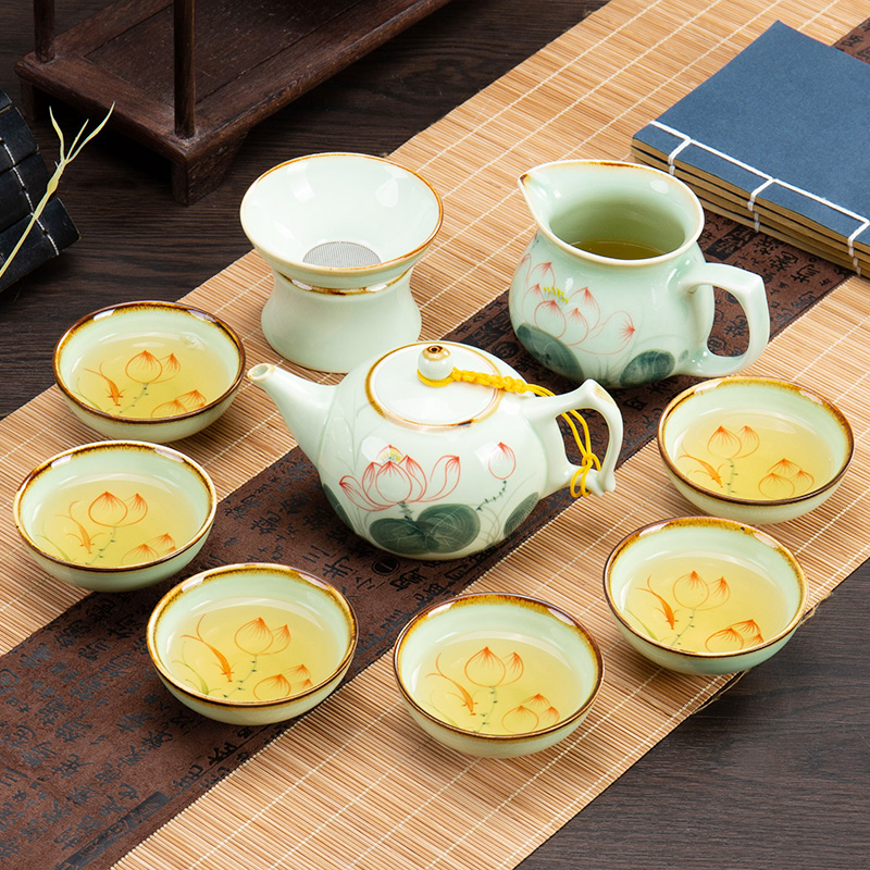 Ronkin whole household kung fu tea set hand - made celadon teapot 6 only ceramic tea cups