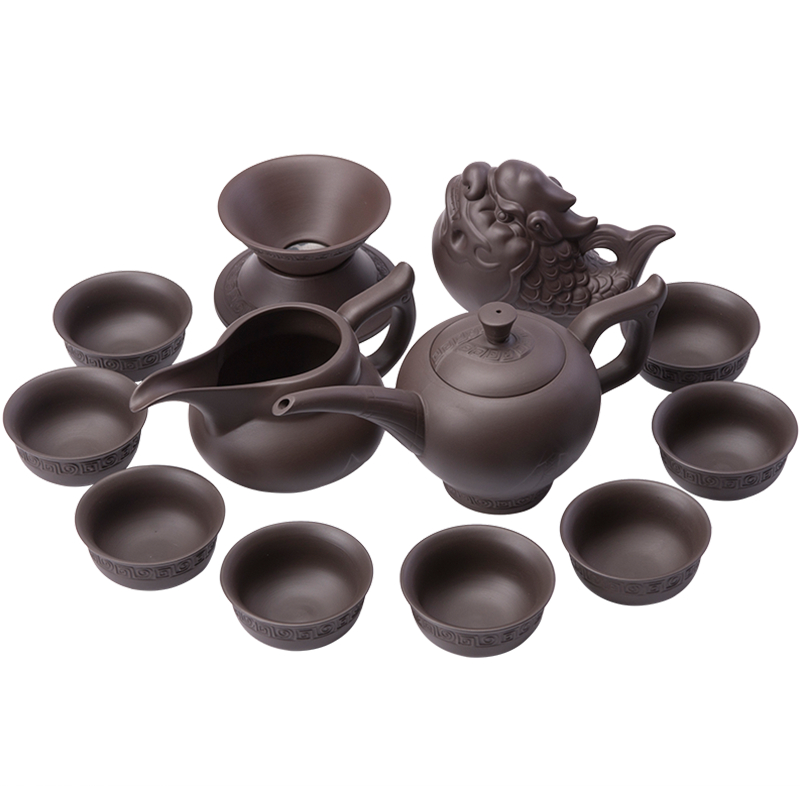 Ronkin violet arenaceous kung fu tea set of household ceramic purple clay teapot cup six Chinese style restoring ancient ways, making tea