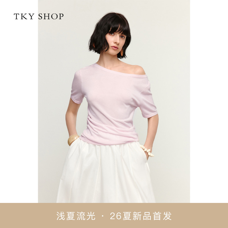[Same Style as in Shopping Malls] Tky Shop Off-Shoulder Knit Top for Women 2026 New Thin Knit Top 10J1La00B330