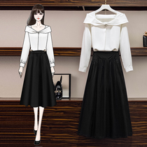  Plus size womens clothing autumn and winter 2021 new fat sister thin heart pleated shirt skirt two-piece suit