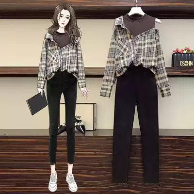 Large size women's fat sister 2021 autumn and winter New Fashion age age Foreign School thin fake two shirt two piece set