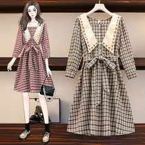  Plus size womens clothing 2021 early spring new fat sister western style thin temperament waist navy collar plaid dress