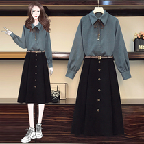  Plus size womens clothing autumn and winter 2021 new fat sister western style thin fashionable shirt skirt two-piece suit