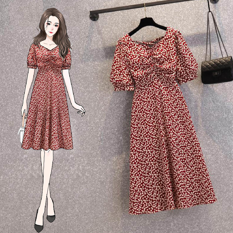 2021 oversized women's clothing new summer chiffon floral women's French V-neck slimming temperament