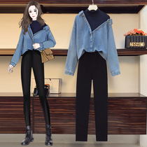  Fat sister 2021 autumn and winter new large size womens clothing thin meat cover design shirt denim two-piece suit