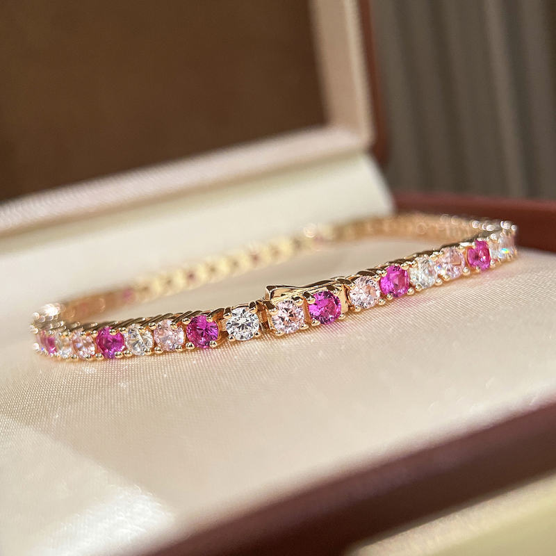 Pink Diamond Tennis Chain Full Diamond Bracelet for Women, Sterling Silver, Colored Gemstones, Pink Colored Diamonds, Artificial Diamonds, Zircon, 2026 New Model, Row of Diamonds