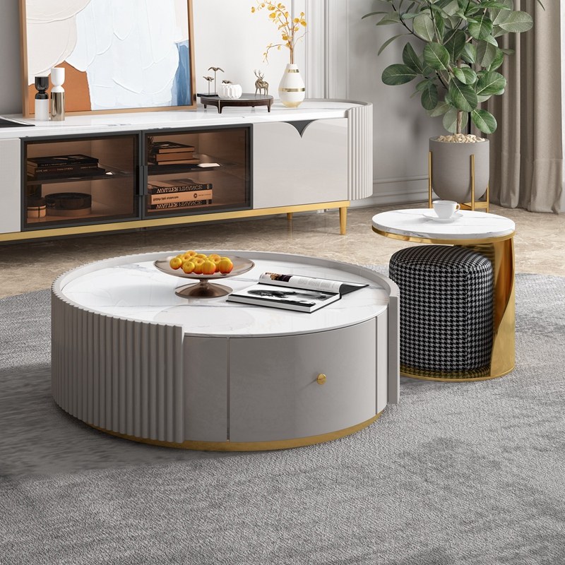 Nordic light luxury coffee table TV cabinet combination Simple modern small apartment Net red size round creative rock plate tea table