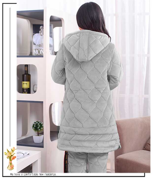 Bộ đồ ngủ ba lớp của phụ nữ mũ mùa đông quần áo gia đình dày cộng với nhung dễ thương nhung san hô phục vụ nhà phù hợp mặc đồ ngủ pijama