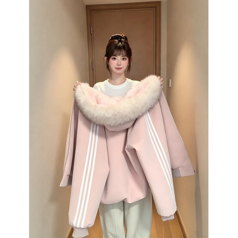 American-Style Large Fur Collar Striped Cotton Coat for Women, Winter Fleece-Lined Thickened Three-Proof Pu Leather Hooded Cotton Jacket