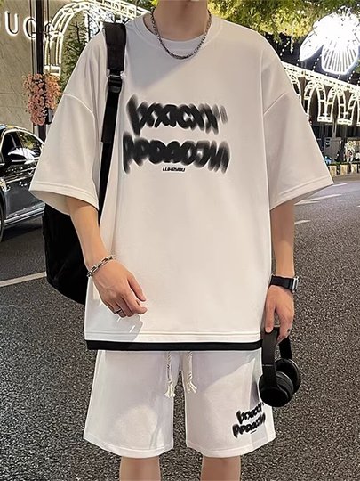 Fake Two-Piece Casual Sports Suit for Men, Summer Trendy Brand Short-Sleeve T-Shirt and Shorts, Men's High-End Style Matching Set