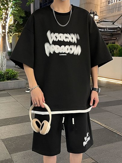 Fake Two-Piece Casual Sports Suit for Men, Summer Trendy Brand Short-Sleeve T-Shirt and Shorts, Men's High-End Style Matching Set