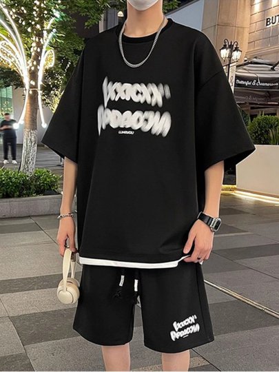 Fake Two-Piece Casual Sports Suit for Men, Summer Trendy Brand Short-Sleeve T-Shirt and Shorts, Men's High-End Style Matching Set