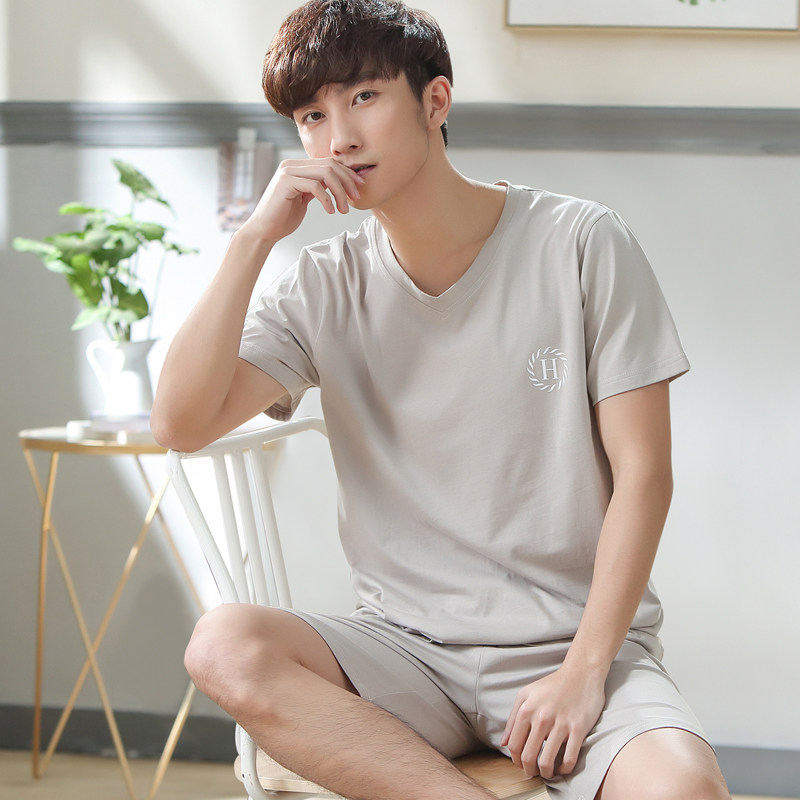 Men's summer cotton silk pajamas Men's cotton summer thin cotton Modal short-sleeved shorts Home wear suit zs