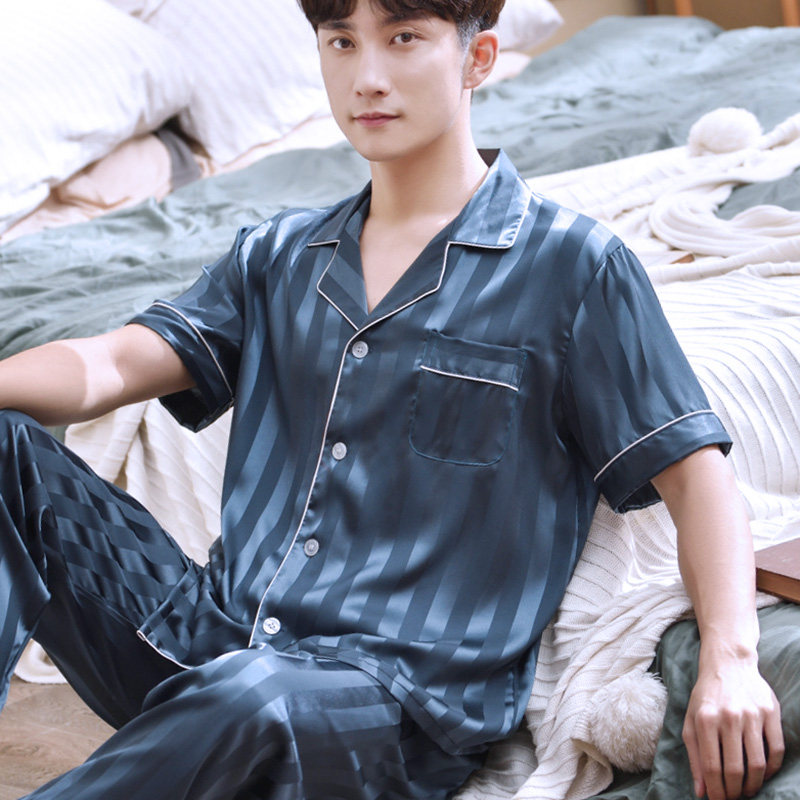 Men's pajamas summer silk short-sleeved two-piece set Summer loose large size thin ice silk home suit set zs