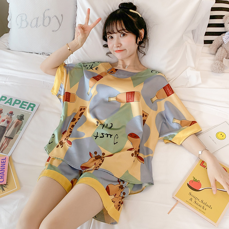 Ice silk pajamas women summer thin sweet cute Japanese giraffe real silk can be worn outside home suit zs