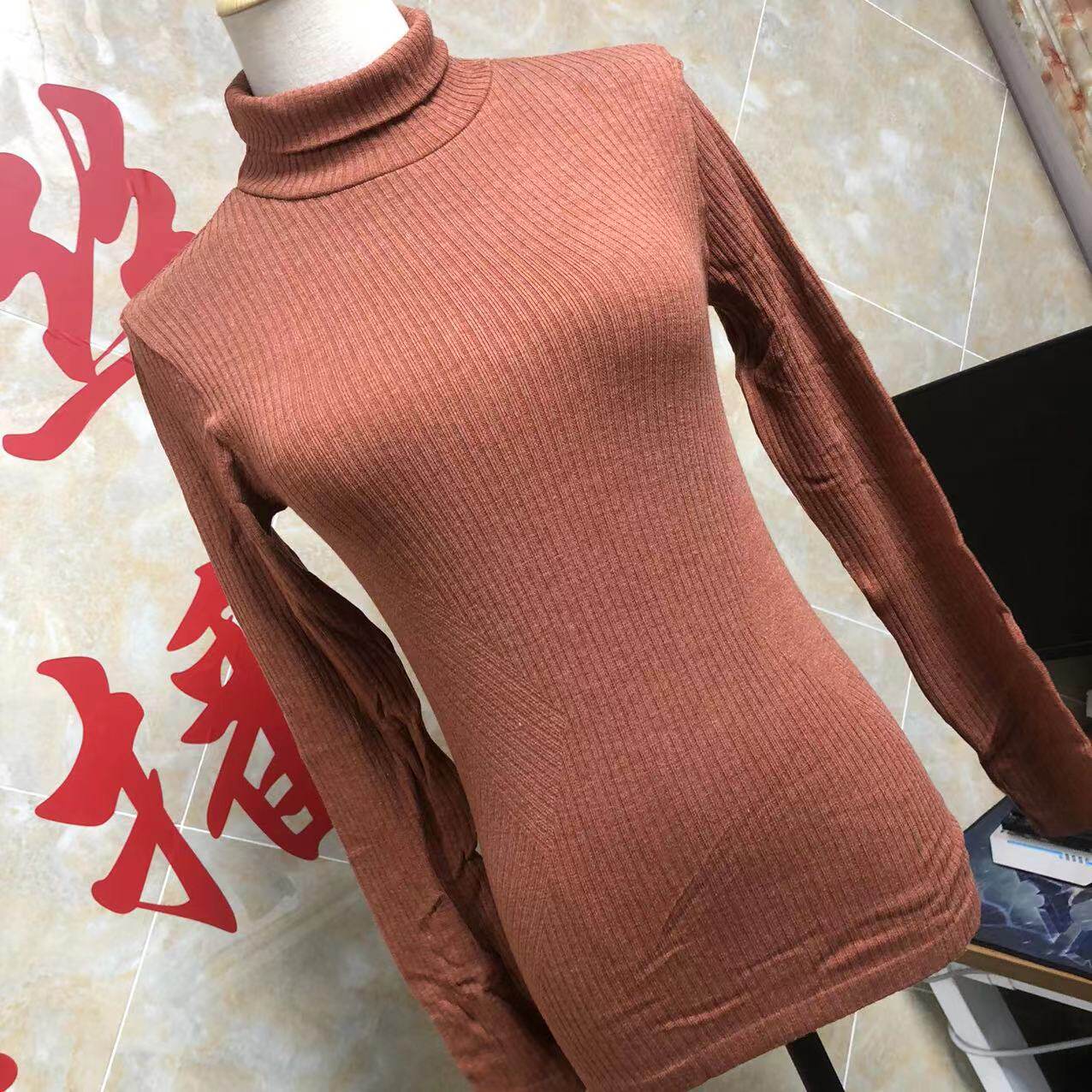 2022 New Product Knitted Silk Cashmere Jacquard Ladies Seamless Slim Fit Bottom Top Brick Red F642