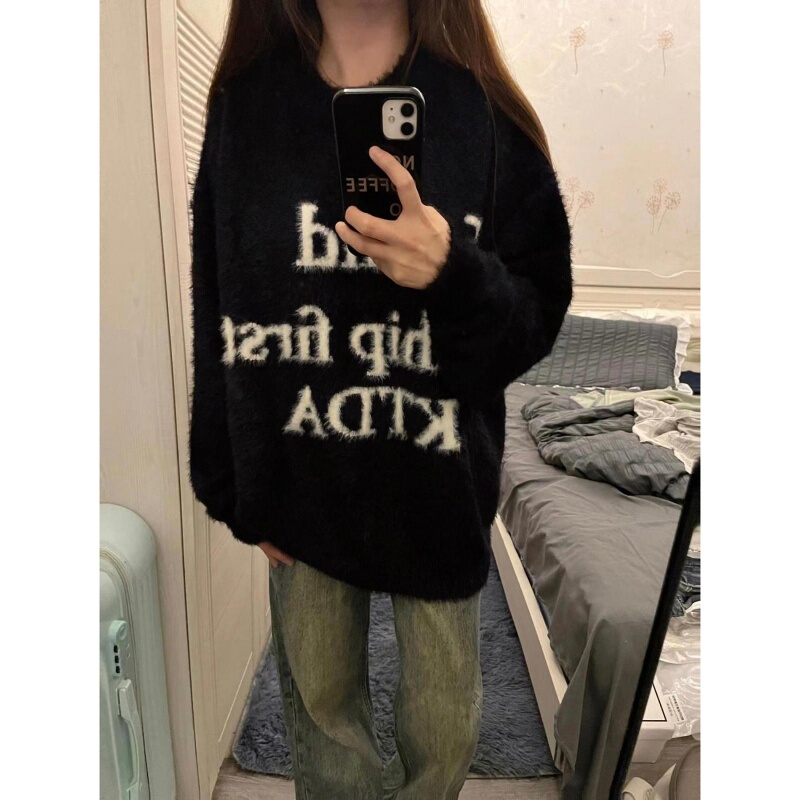 National Trend Letter Logo Jacquard Knit Sweater, College Style Round Neck Pullover Sweater, Couple Long-Sleeve Basic Casual Top