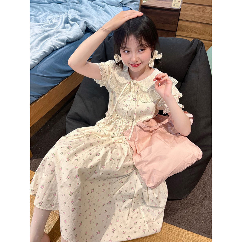 French-Style Tea Break Puff Sleeve Floral Dress for Women, New Summer Style, Waist-Cinching, Slimming, Fresh Style, Tie-Up Doll Dress