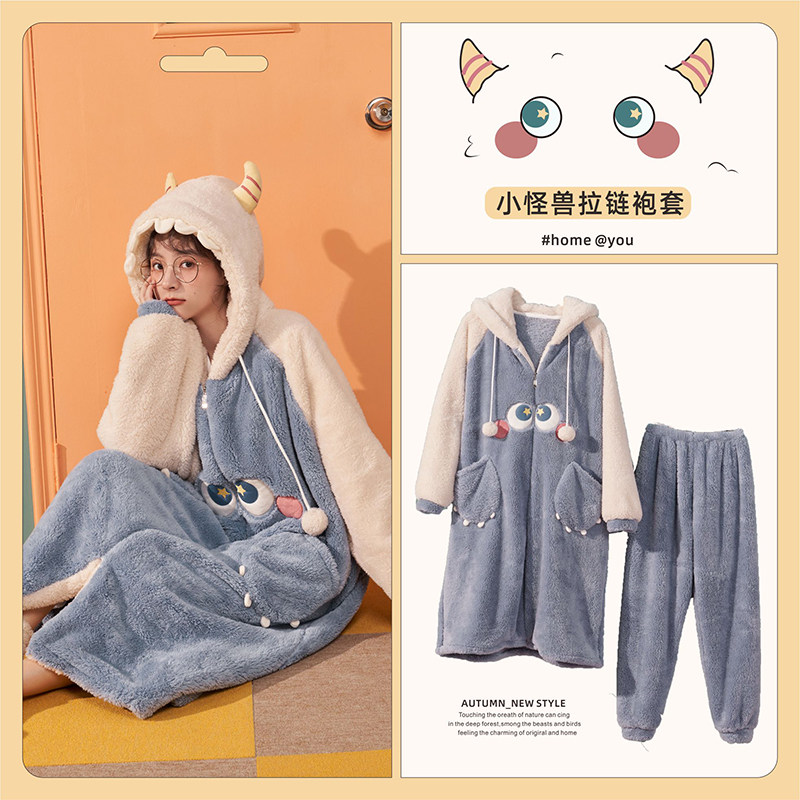 Strangeness 2021 New Coral Suede Sleeping Robe Woman Autumn Winter Long Version Small Monster Thickened Flannel Winter Pyjamas