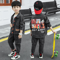 Childrens clothing boys autumn suit 2021 new foreign style childrens spring and autumn Korean version of the large boy handsome cowboy two-piece set