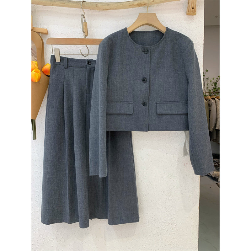French Grey Round Collar Suit Half Body Skirt Suit Woman Mid 2023 Fall High waist Fashion temperament Two sets-Taobao