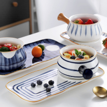 Japanese breakfast ceramic tableware household dishes dessert oatmeal porridge with handle Bowl plate Net red one person food set