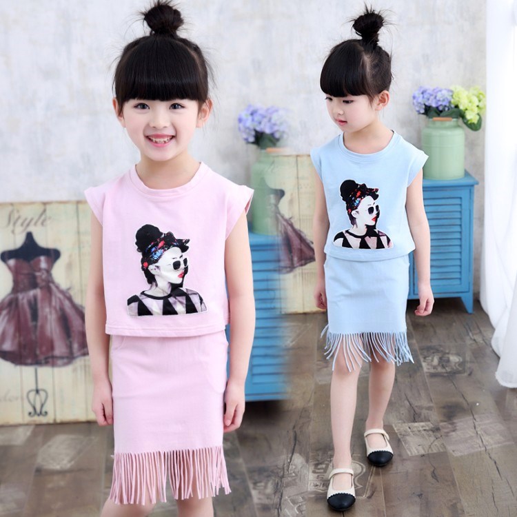 5岁小孩子6衣服装夏装7女孩8儿童9夏天套装短裙女童装流苏两件套
