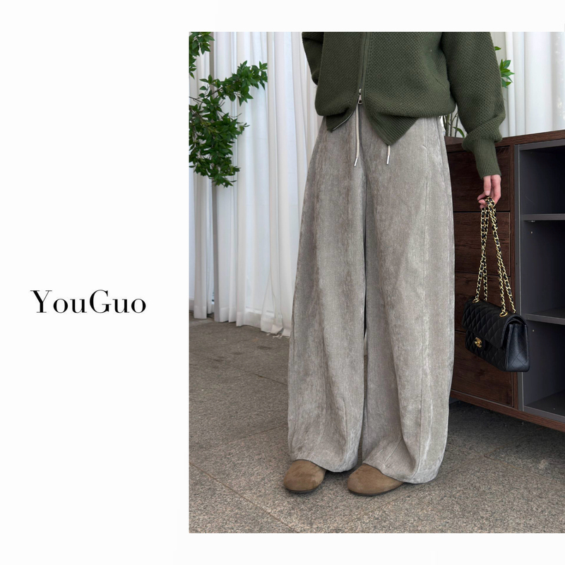 Youguo-[Warm Tone Moss Velvet] New Autumn and Winter Retro Slimming Casual Sports Chenille Curved Pants