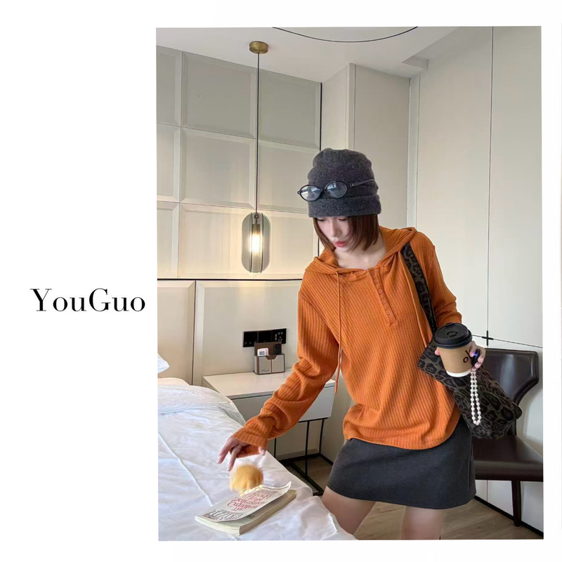 Youguo-[Light Luxury Style] Korean-Style Loose-Fitting, Slimming, Casual Sports Cashmere Hooded Button-Up Hoodie