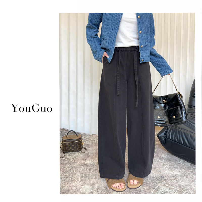 Youguo - [Textured Commuting Style] Early Autumn Retro High-Waisted Slimming Casual Sports Pure Cotton Straight-Leg Trousers