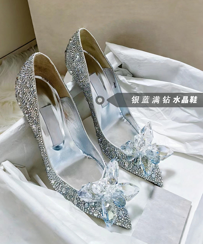 Jc Wedding Shoes Crystal Shoes Cinderella Full Rhinestone High Heels Heroine Wedding Dress Flat Bride Wedding Rhinestone Pointed Shoes