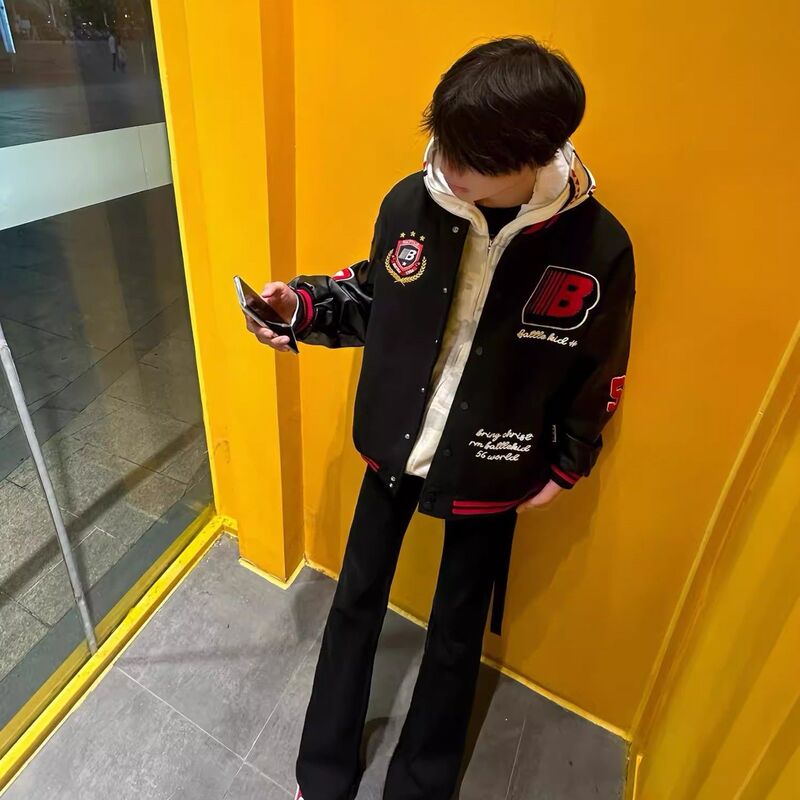 National Trend High Street Badge Embroidery Pu Leather Patchwork Jacket for Men, Spring and Autumn Loose American Style Versatile Thickened Baseball Jacket