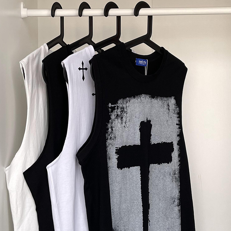 American Retro Cross Sleeveless Vest T-Shirt for Men and Women with Niche Design and Hong Kong Chic Style Couple's Pure Cotton Top