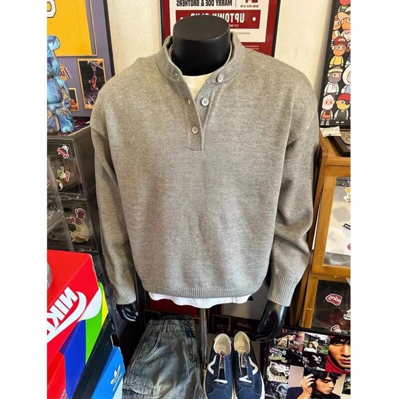 Autumn and Winter Thickened Casual Henry Collar Sweater for Men and Women, American Retro Lazy Style Knitwear, Solid Color Button Collar